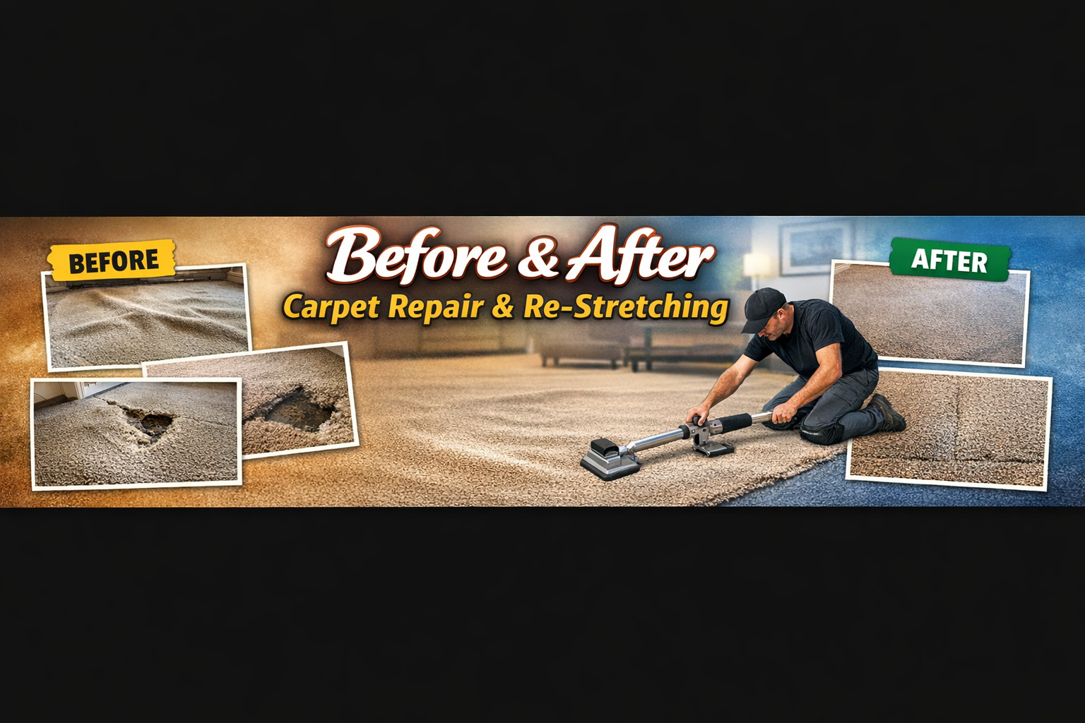 Before and after carpet repair and restretching in Lorain Ohio